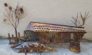 1970s Vintage Brutalist Copper Covered Bridge Metal Wall Sculpture in the Style of Curtis Jere