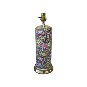 Vintage Cylindrical Pink and Gold Floral Ceramic Chinoiserie Table Lamp