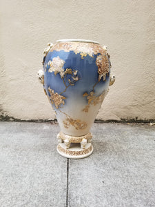 Antique Japanese Taisho and Early Showa Period Satsuma Porcelain Vase in Blue and White With Gilded Gold Accents