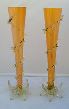 Load image into Gallery viewer, Antique Victorian Handblown Orange and Lime Green Iridescent Vaseline Glass Vases - a Pair