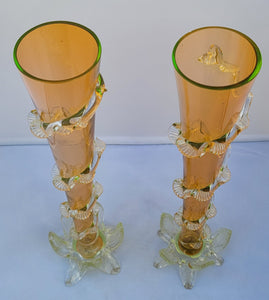 Antique Victorian Handblown Orange and Lime Green Iridescent Vaseline Glass Vases - a Pair