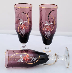 Vintage Bohemian Glass Champagne Flutes in Purple with Gold Trim and Hand-Painted Floral Motif - a Trio