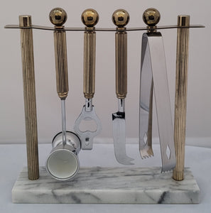 SOLD - White Marble, Brass Plate, and Stainless Steel Bar Utensil Tool Kit