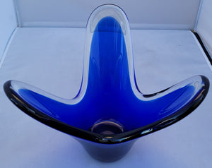 Vintage 1960s Abstract Blue Art Glass Decorative Bowl