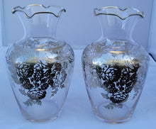 Load image into Gallery viewer, Vintage Rose or Peony Motif Silver Overlay Vases From Silver City - a Pair