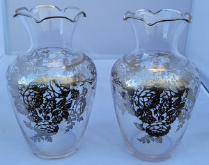 Vintage Rose or Peony Motif Silver Overlay Vases From Silver City - a Pair