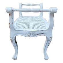 Load image into Gallery viewer, Vintage French Provincial Chippy White Bench With Woven Cane Seat