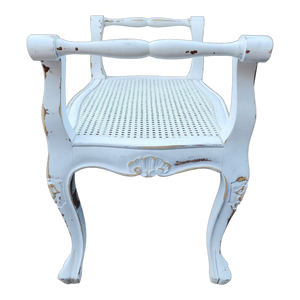 Vintage French Provincial Chippy White Bench With Woven Cane Seat