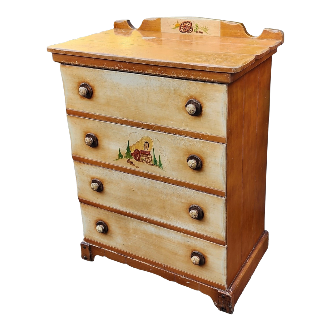 Vintage Rancho Monterey Tallboy Dresser With Colonial Wagon Hand Painted Details