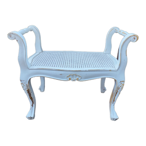 Vintage French Provincial Chippy White Bench With Woven Cane Seat