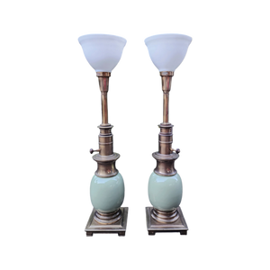 vintage stiffel ostrich egg torchiere table lamps in celadon mint green - a pair - at EclecticCollective.com - Thumbnail