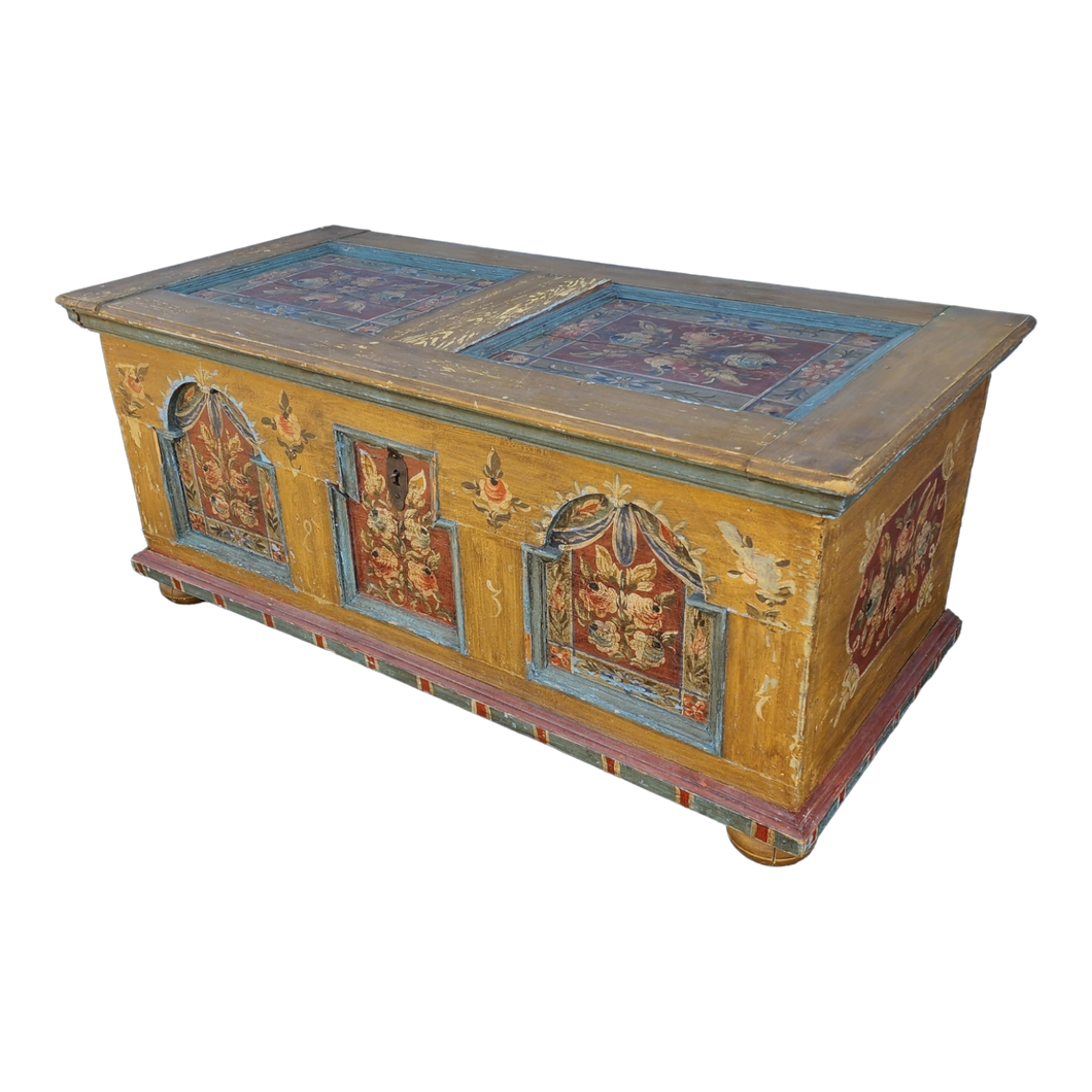 Antique Patinated German Trunk, Hand Painted with Floral Motif in Yellow, Red, and Blue