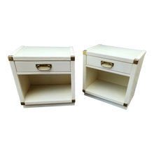 Load image into Gallery viewer, Vintage Drexel White Faux Wicker Trimmed Campaign Style Nightstands - A Pair - Main Product Photo - EclecticCollective.com