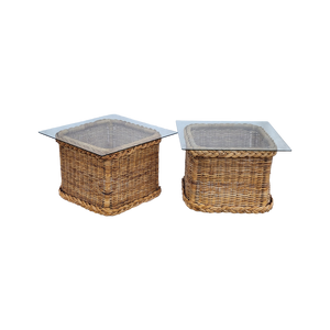 Vintage coastal boho chic woven rattan braided wicker trim glass topped side tables - a pair - at EclecticCollective.com - Thumbnail