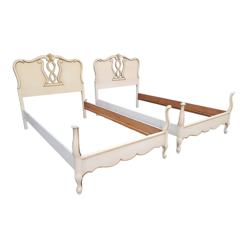 Vintage French Provincial Twin Sized Beds In Cream White And Gold - a Pair
