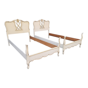 Vintage French Provincial Twin Sized Beds In Cream White And Gold - a Pair