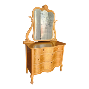 Vintage Blonde Birdseye Maple Double Serpentine Front Clawfoot 2 Over 2 Dresser With Mirror - Main Product Photo - EclecticCollective.com