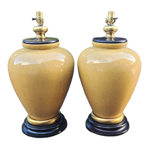 Vintage Monumental Mustard Yellow Crackle Glaze Frederick Cooper Urn Shaped Table Lamps - A Pair - Main Product Photo Thumbnail - EclecticCollective.com