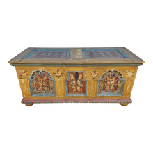 Load image into Gallery viewer, Antique Patinated German Trunk, Hand Painted with Floral Motif in Yellow, Red, and Blue