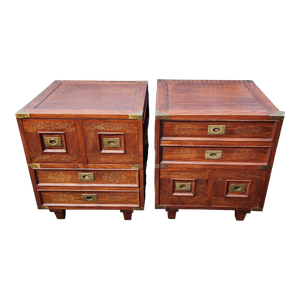 Vintage Anglo Indian Campaign Chest Nightstand End Tables - a Pair