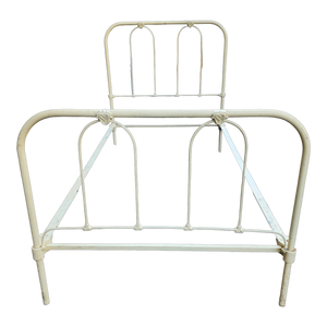 Vintage Patinated Cream White Iron Bed Frame