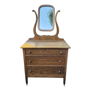 Antique Oak Mission Style Bureau, Dresser, or Chest of Drawers With Mirror