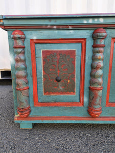 Antique Hand Painted Ornate Blue and Red German Trunk