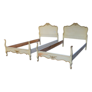Vintage Gold Accented Cream French Provincial Twin Bed Frames - a Pair