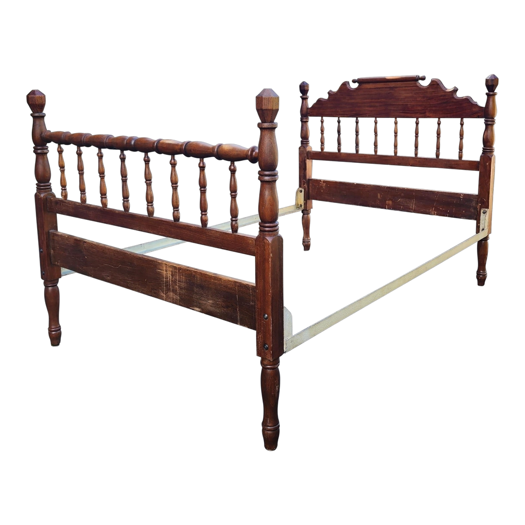 SOLD - Vintage Patinated Spindle Full Sized Bed With Geometric Finials