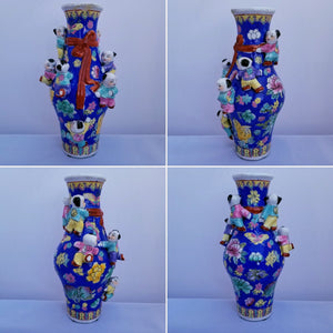 Vintage 7 Boys Fertility Cobalt Blue Famille Rose Vase