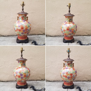 Vintage Porcelain Orange Floral Asian Chinoiserie Table Lamp