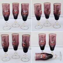 Load image into Gallery viewer, Vintage Bohemian Glass Champagne Flutes in Purple with Gold Trim and Hand-Painted Floral Motif - a Trio