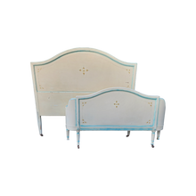 Load image into Gallery viewer, Vintage Matching Headboard With Curved Footboard in White with Blue Accents