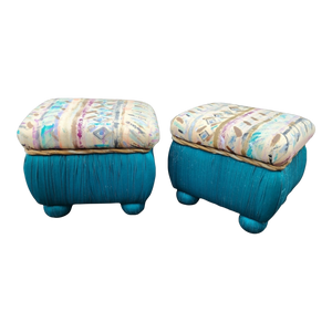 Vintage Memphis Postmodern Ottomans With Hand Painted Abstract Fabric - a Pair