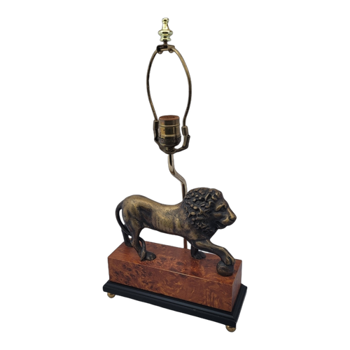 Late 20th Century Sculpted Brass Lion Table Lamp on Faux Burlwood Base