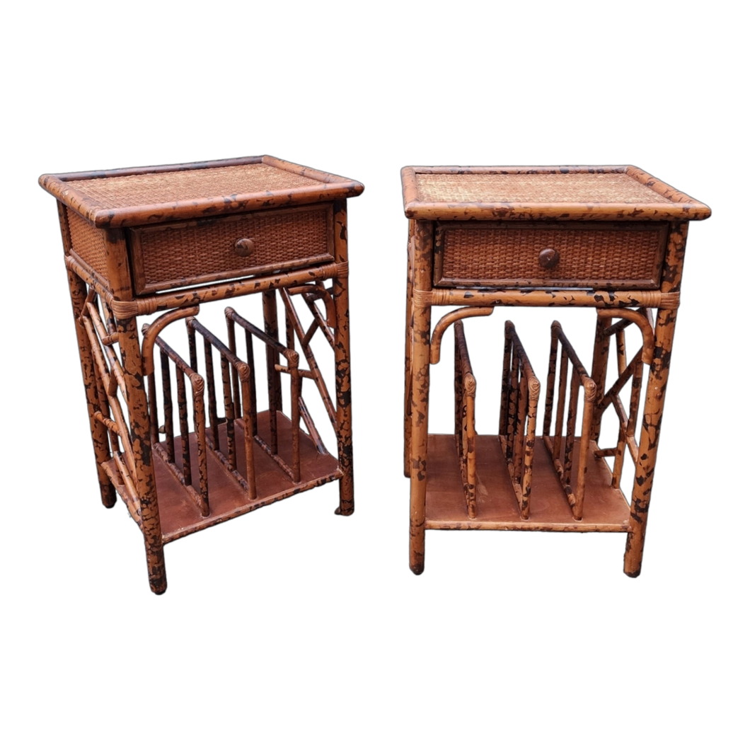 Vintage Burnt Tiger Bamboo Side Tables - a Pair