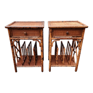 Vintage Burnt Tiger Bamboo Side Tables - a Pair