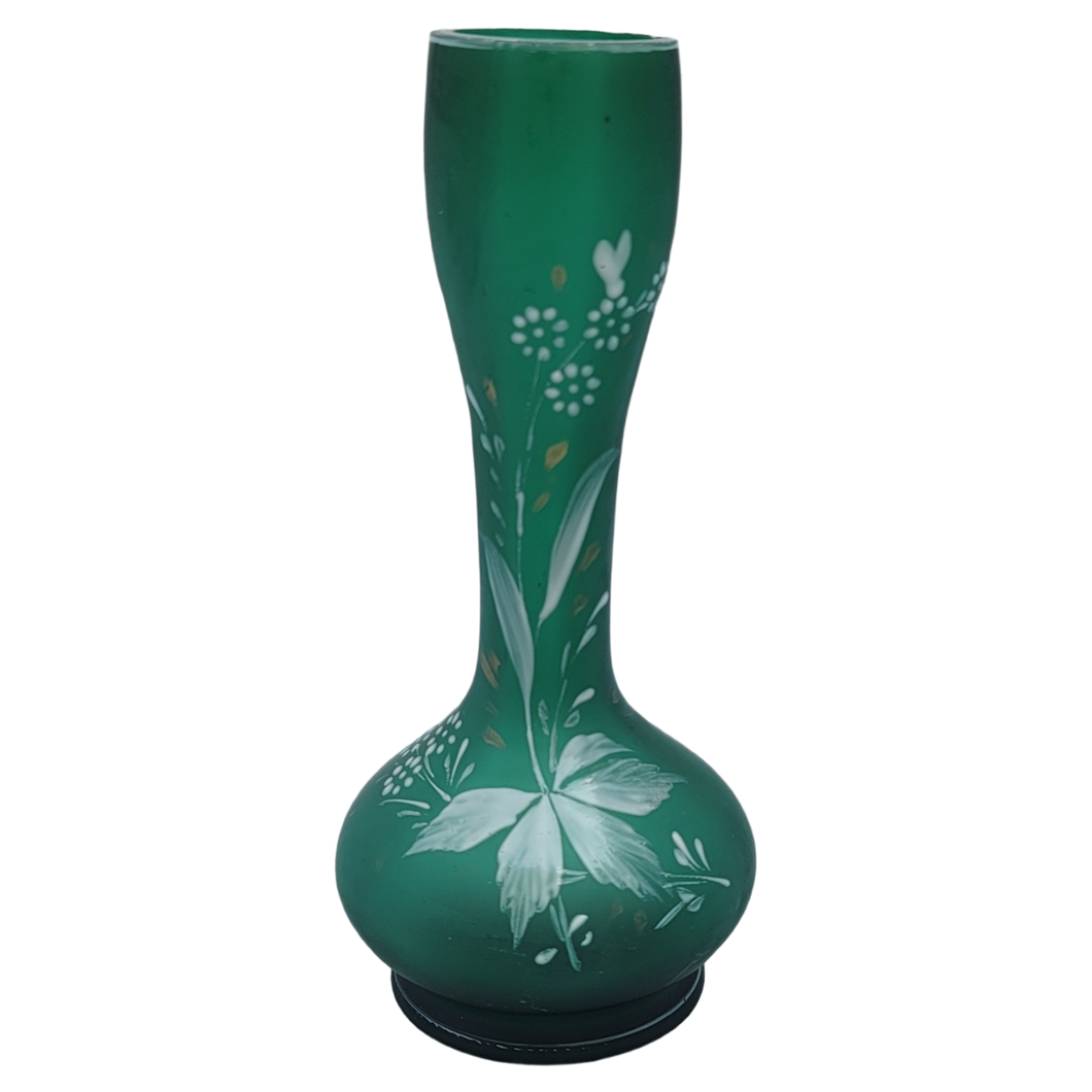 Late 19th Century Antique Emerald Green Florentine Cameo Art Satin Glass Vase With White & Yellow Enamel Floral Motif