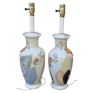 Vintage Tobacco Leaf Ceramic Chinoiserie Lamps