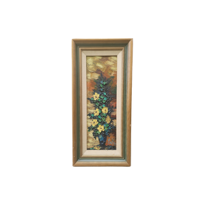 Vintage Mid-Century Modern Textured Blue and Green Floral Bouquet in Oil on Canvas