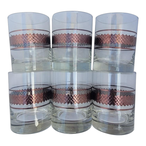 Vintage Sigma Tastesetter Copper Diamond Pattern Banded Rocks Whiskey Lowball Glasses - Set of 6