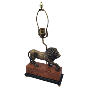 Sculpted Brass Lion Table Lamp on Faux Burlwood Base