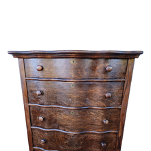 Load image into Gallery viewer, Antique Serpentine Front Tallboy French Style Quartersawn Tiger Oak Dresser in Dark Brown Stain