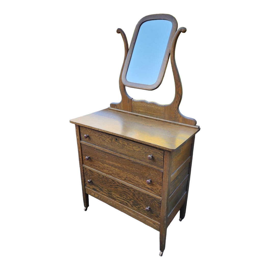 Antique Oak Mission Style Bureau, Dresser, or Chest of Drawers With Mirror