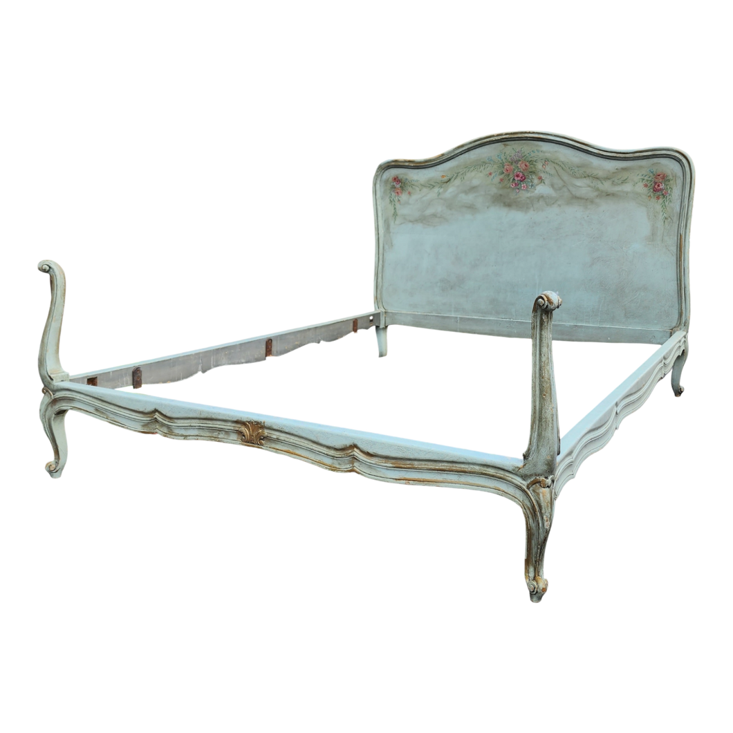 Vintage French Provincial Painted Floral Double Bedframe in Original Finish