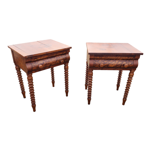 Antique Federal Period Side Tables With Burlwood Drawer Fronts And Turned Wood Spindle Legs - a Pair