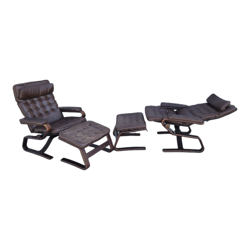 Vintage Scandinavian Modern Swedish Reclining Leather and Bent Wood Lounge Chairs With Ottomans - a Pair