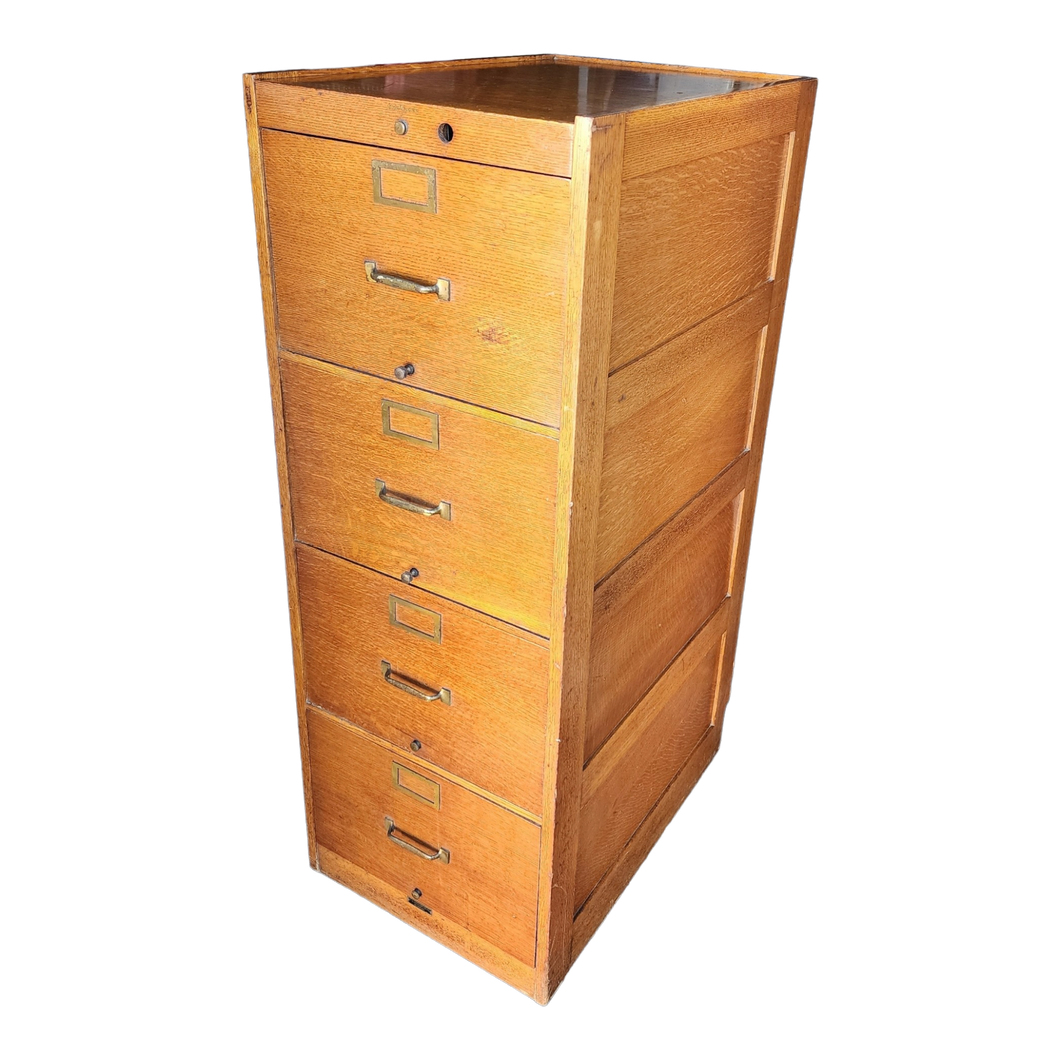 Antique Quartersawn Golden Tiger Oak 4 Drawer Filing Cabinet