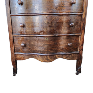 Antique Serpentine Front Tallboy French Style Quartersawn Tiger Oak Dresser in Dark Brown Stain
