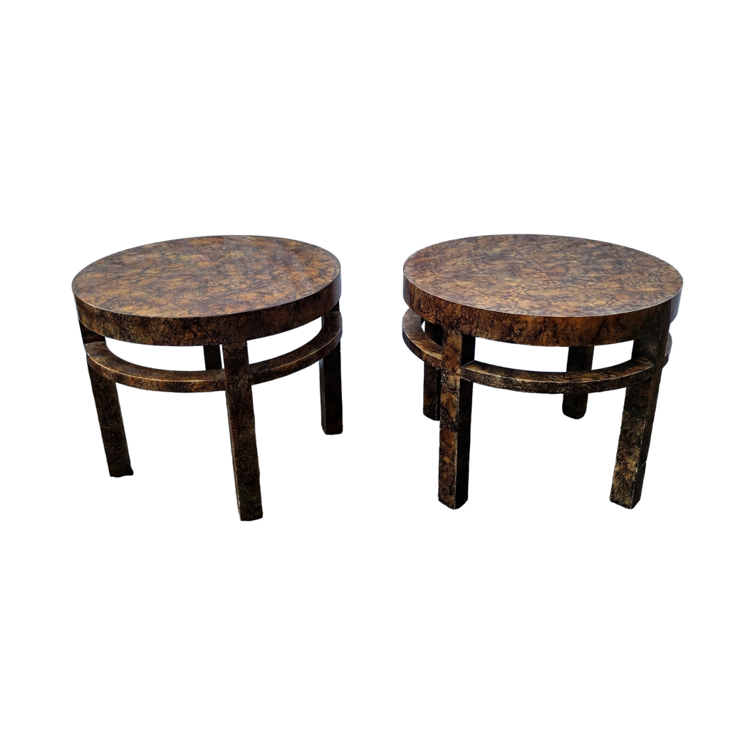 Vintage Henredon Cylindrical Modern Faux Burl Side Tables - a Pair